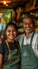 Obraz premium happy indian senior couple standing at restaurant
