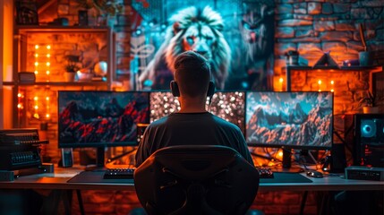 Fototapeta premium A young man sits on a chair with LED lights in the darkness. This photo was taken from the back, showcasing the cyberpunk style and highlighting the designer's future workspace.