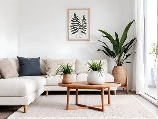 Interior design of living room with cushion at comfortable sofa, wooden side table with plants in vase, elegant accessories and cozy rug. White copy space wall. Minimalist home decor. Template.