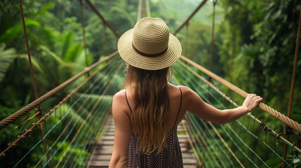 A woman in a straw hat walking across a suspension bridge in a lush green jungle, highlighting adventure and exploration in nature.