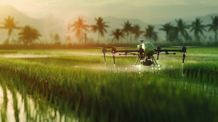 Agriculture drone fly to sprayed fertilizer on the rice fields