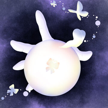 Crystal ball with a butterfly and a person chanting a spell