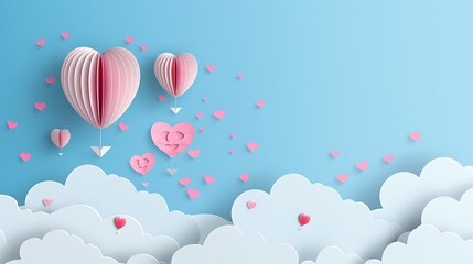 Pink Paper Heart Hot Air Balloons Floating Over White Clouds