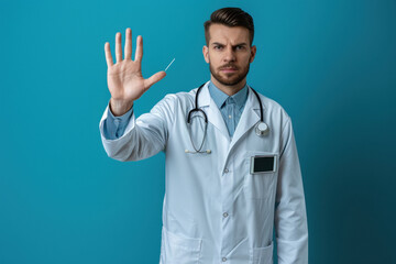 young male doctor showing stop sign on blue background