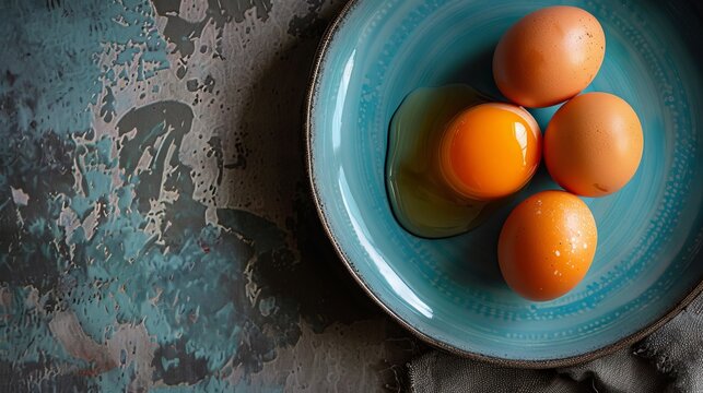 A visually appealing arrangement of raw orange eggs on a blue plate.
