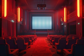 Obraz premium Empty Cinema Hall with Red Seats and Neon Lights. Illuminated Stage with Movie Equipment and Light Decorations. Dark Blue Color Scheme Rendered in Unity Engine with Unreal Renderer Style.