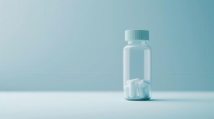 A clear glass jar with a white lid, containing white capsules, placed against a soft blue gradient background, highlighting minimalism and medicine.