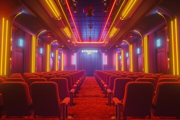 Empty Cinema Hall with Red Seats and Neon Lights. Illuminated Stage with Movie Equipment and Light Decorations. Dark Blue Color Scheme Rendered in Unity Engine with Unreal Renderer Style.