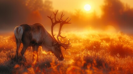 Naklejka premium Sunlit deer in golden meadow - generative ai