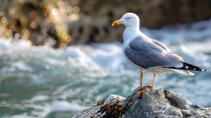 A scene capturing the wild life of sea gull birds in their natural habitat, showcasing their graceful flight and coastal presence.