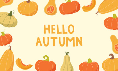 Hello Autumn. Vector banner with pumpkins and inscription