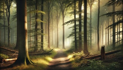 Obraz premium Sunbeams Filtering Through Foggy Forest Path - Magical Woodland Scene.