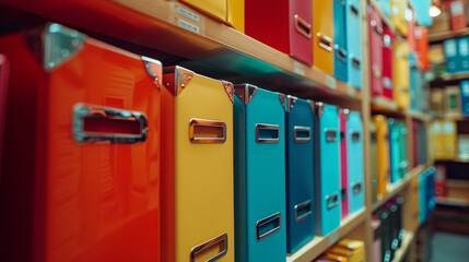 Colorful storage boxes neatly organized on shelves, perfect for office or home organization and efficient clutter management.