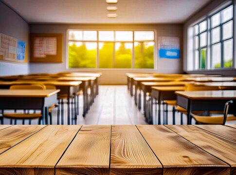 Empty wooden table school with bluur class room background. Display product background can be used for mocking up or display product to make advertising.