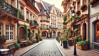 Fototapeta premium Charming Cobblestone Street in a European City with Outdoor Cafe Tables and Flowers.