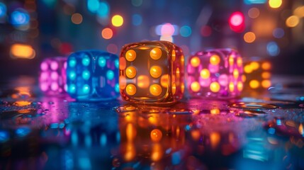 Colorful illuminated dice on wet surface - generative ai