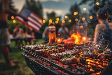 Barbecue grill at outdoor party, festive gathering, USA flag.