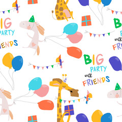 Naklejka premium Vector Seamless pattern with cute Animals celebrating Holiday