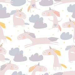 Vector Seamless Pattern with cute Unicorns, Clouds and Stars. Magic Background with little Unicorns