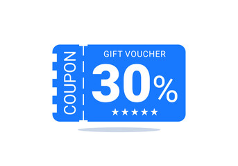 30% discount coupon, coupon code. Coupon isolated on white background. Voucher template for promotion. Vector illustration.