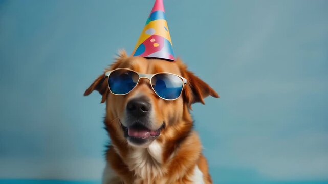  Dog with Party Hat and Sunglasses on blue background, pet party, 4K