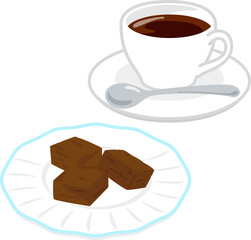 皿に盛った生チョコレートとコーヒー