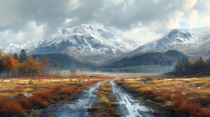 Scenic landscape with snowy mountains and autumn colors - generative ai