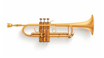 Obraz premium Shiny gold trumpet stands alone on a pure white backdrop, showcasing its elegance and craftsmanship through vivid detail.