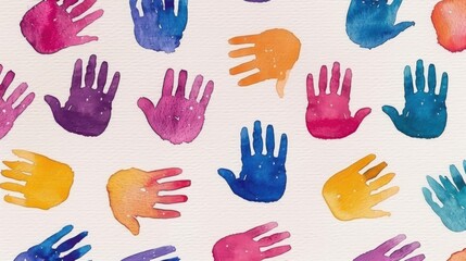 Obraz premium Vibrant handprints adorn paper in a playful watercolor design, perfect for adding a splash of color and creativity to any space.