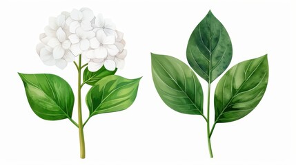 Obraz premium Vibrant green leaves and delicate hydrangea flowers come together in this stunning watercolor illustration, perfect for any design.