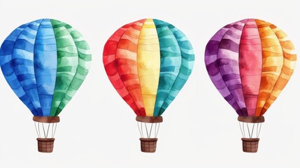 Bright and cheerful watercolor illustration of vibrant air balloons soaring through the sky, perfect for decor or inspiration.