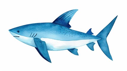 Fototapeta premium Vibrant handdrawn watercolor of a blue shark, showcasing intricate details against a clean white background.