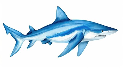 Obraz premium Vivid handdrawn blacktip reef shark, showcasing its grace in watercolor against a clean white backdrop, perfect for marine art lovers.