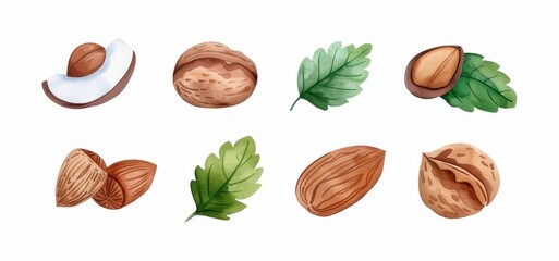 A vibrant handpainted collection of nuts in watercolor, ideal for unique fabric designs, stunning wall art, and stylish stationery.