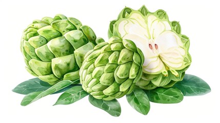 Fototapeta premium A vibrant watercolor illustration of a custard apple on a clean white background, showcasing its unique shape and color.