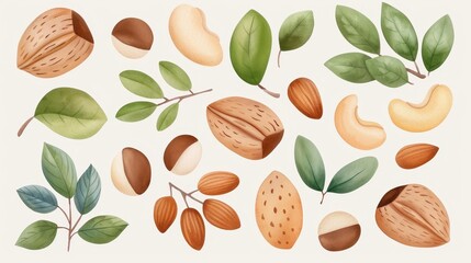 Vibrant handpainted nuts in watercolor, showcasing intricate details. Perfect for art lovers and nature enthusiasts.