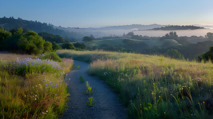 Morning Tranquility: A Serene Landscape with Gravel Path, Wildflowers, and Distant Forest Under Golden Sunrise