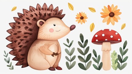 Obraz premium A charming watercolor hedgehog nestled among autumn leaves and a whimsical mushroom in a vibrant forest scene.