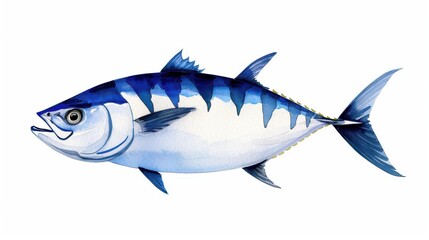 A vibrant watercolor illustration of mackerel showcases its unique scales and colors, perfect for seafood lovers.