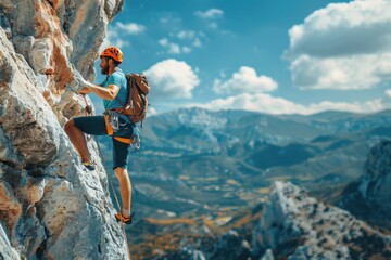 Man climbing rocky peak with safety gear in a scenic landscape.