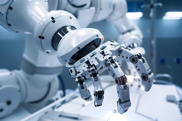 Laboratory robot arm with various technological and industrial elements.