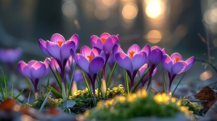 Blooming crocus flowers at sunrise - generative ai