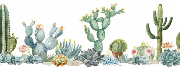 Obraz premium Watercolor illustration of a group of cactus plants and flowers in a vibrant desert landscape