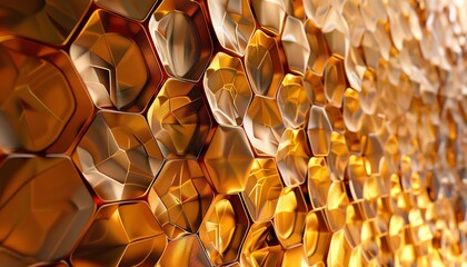 Abstract honeycomb pattern in gold, with reflective surfaces and a sense of depth