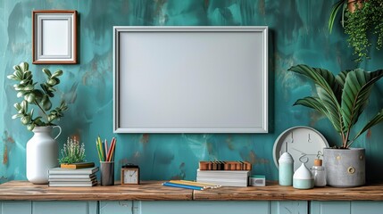 Artistic desk with plants and frames - generative ai