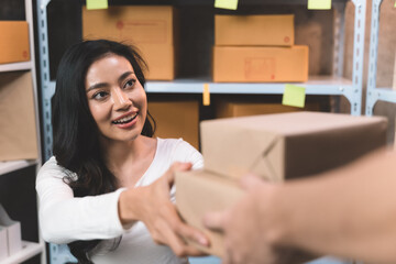 Fototapeta premium businesswoman receiving parcels from delivery man with happiness from shipping company. Young women with new business about online shopping in home office and small store.