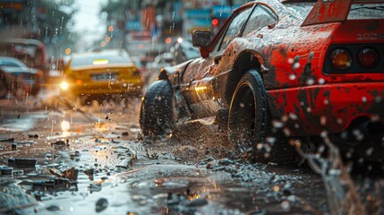Dynamic red sports car in rainy urban setting - generative ai