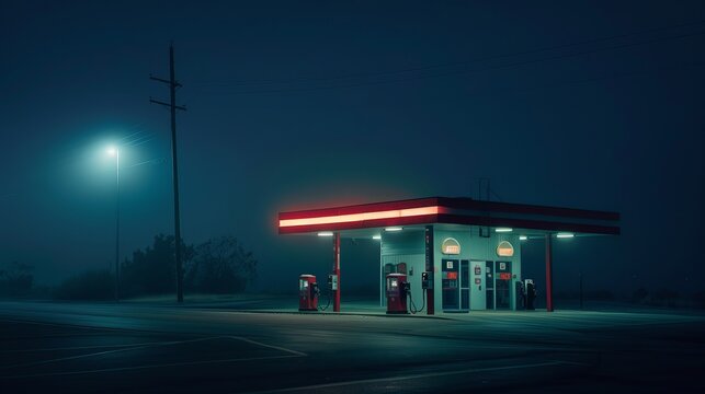 Lonely 1930s Gas Station Illuminated at Night