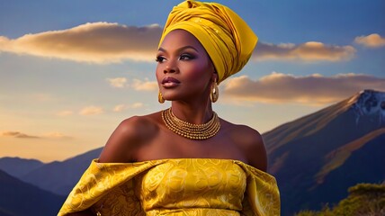 African American woman wearing kente yellow cloth headwrap and dress in Scenic mountain Landscape