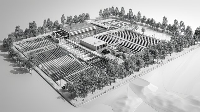 3D render in black and white depicting a sustainable supply farm with advanced irrigation and renewable resources